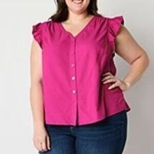 St Johns Bay Button Front Shirt Womens Large Classic Fuchsia Pink Ruffle Sleeve